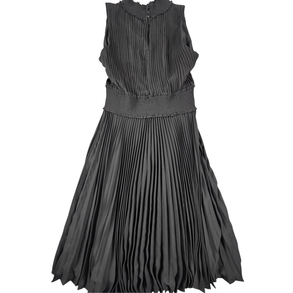Nanette Lepore Pleated Midi Dress Womens 14 Black Smocked Mock Neck Sleeveless